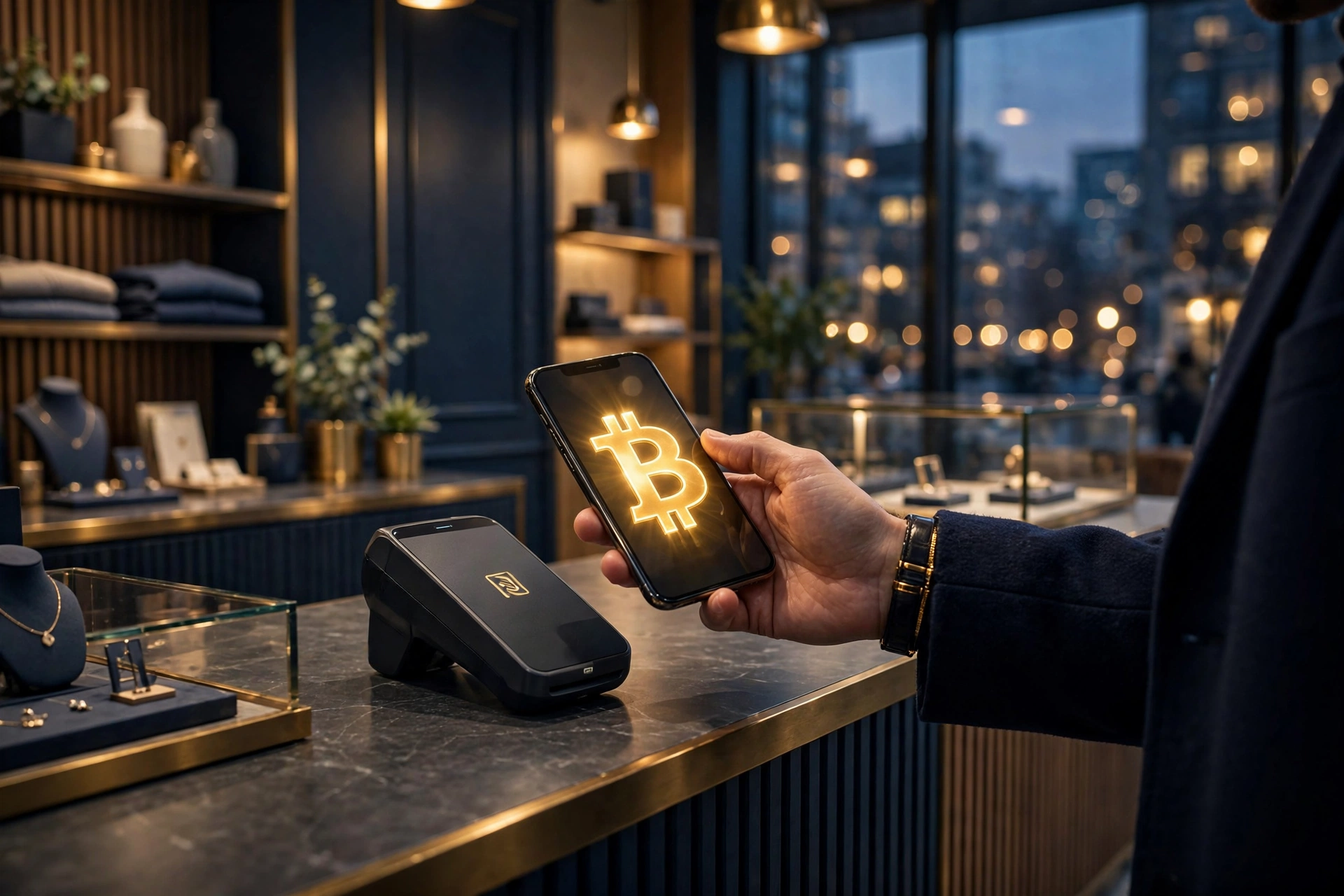 Business accepting a crypto payment at the counter